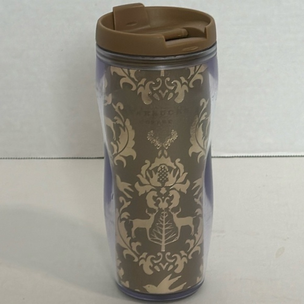 Vintage STARBUCKS COFFEE HOLIDAY GOLD FOIL TRAVEL TUMBLER MUG 12 OZ 2008 NWOT